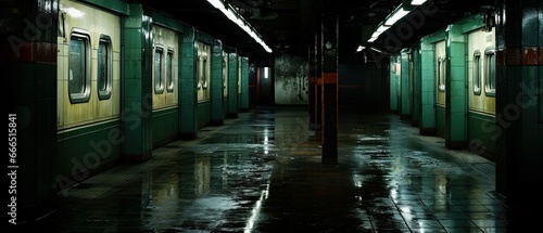 Subway Sink: Capture a flooded subway station, empty and eerily quiet, focusing on urban infrastructure failure