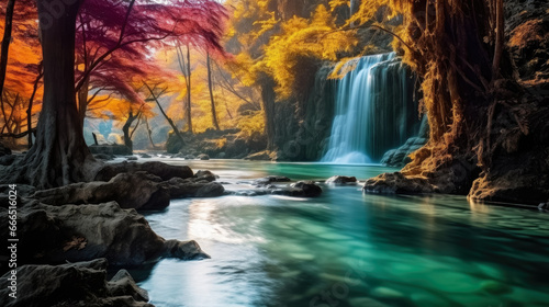 Amazing view beautiful waterfall in colorful autumn forest