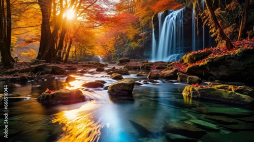 Amazing view beautiful waterfall in colorful autumn forest