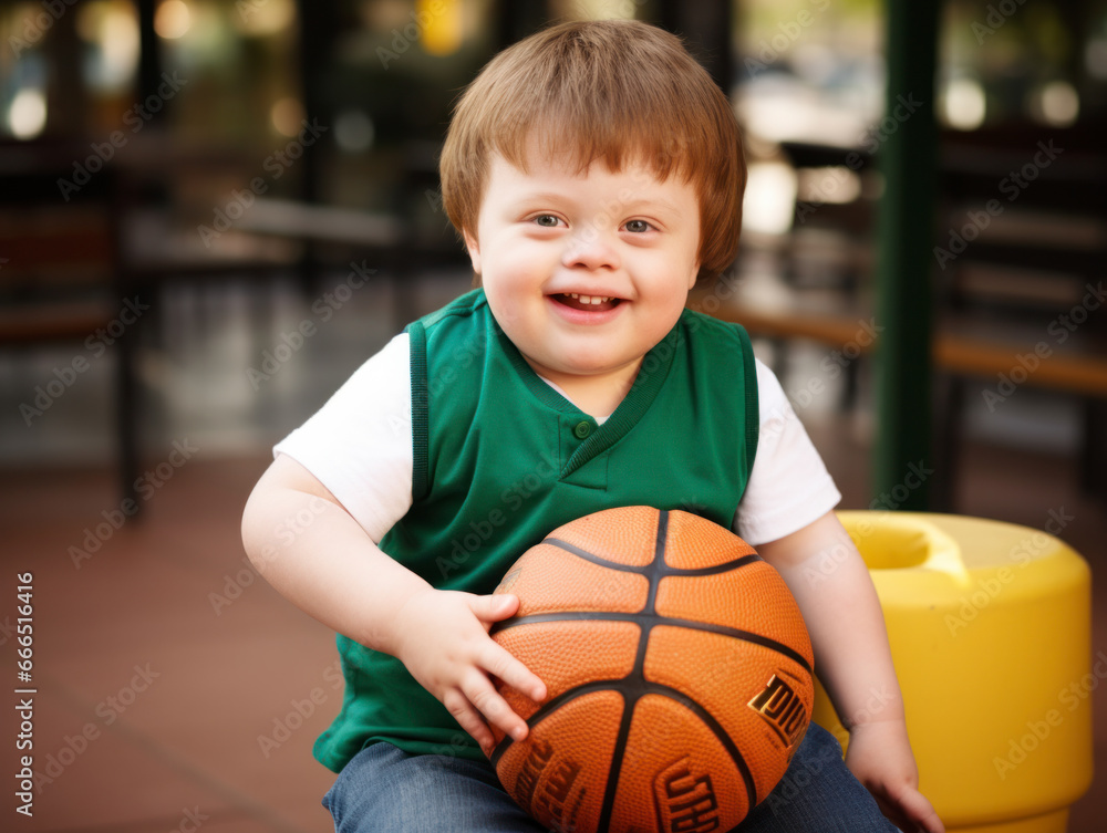 A child with Down syndrome plays with a leather ball