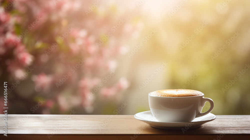 A cup of coffee on the background of spring trees A cup of coffee on the background of spring trees
