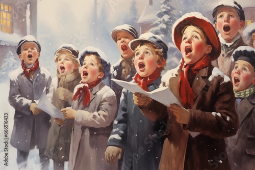 a vintage style painting of a group of christmas carolers