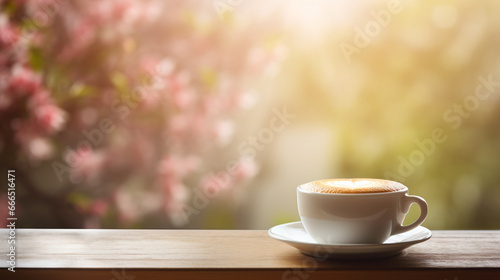 A cup of coffee on the background of spring trees