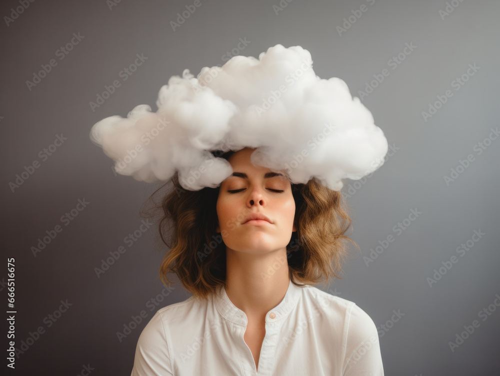 A young woman ponders beneath a cotton cloud