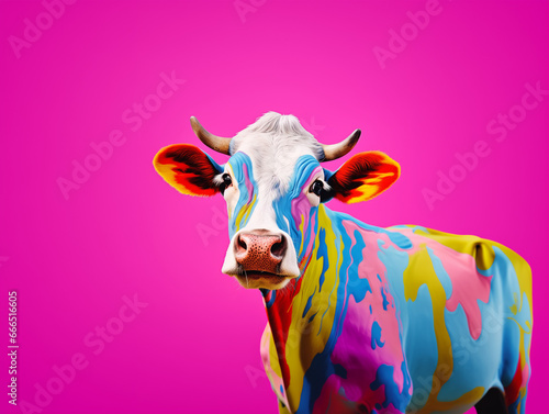 colorful cow  with horns on pink background © Nicco 