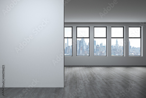 New York Manhattan City Skyline Buildings from High Rise Window. Beautiful Real Estate overlooking. Empty room white wall mockup Interior Skyscrapers View Cityscape. Day time. Midtown 3d rendering.