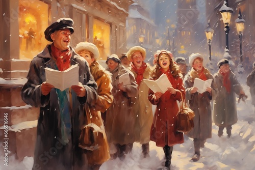 a vintage style painting of a group of christmas carolers photo