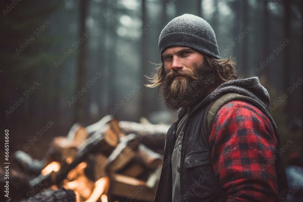 Canadian Lumberjack: A Bearded Man in Flannel, Skillfully Wielding an Axe in the Heart of the Forest, Where Timber Becomes the Symbol of His Hardworking Life Canadian Lumberjack: A Bearded Man in Flannel, Skillfully Wielding an Axe in the Heart of the Forest, Where Timber Becomes the Symbol of His Hardworking Life