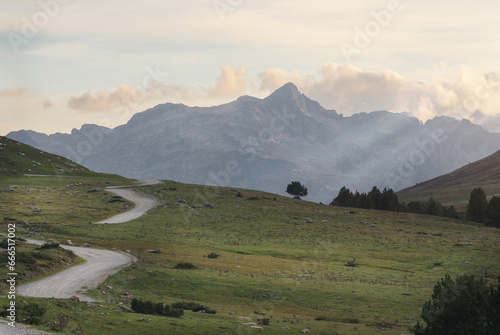 Paisaje de camino yendo hacia las montañas con el atardecer