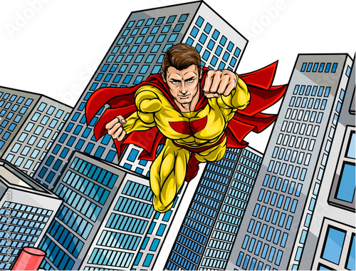A super hero man flying through a city in a classic superhero pose