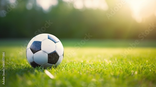 A soccer ball lying on a soccer field. Green lawn © Marvin