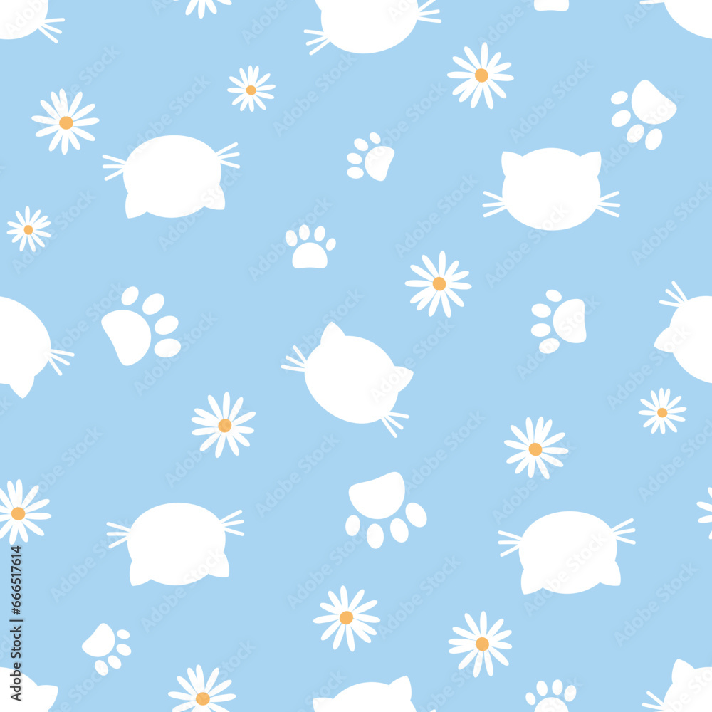 Seamless pattern with cat cartoon, paw print and daisy flower on blue background vector illustration. 