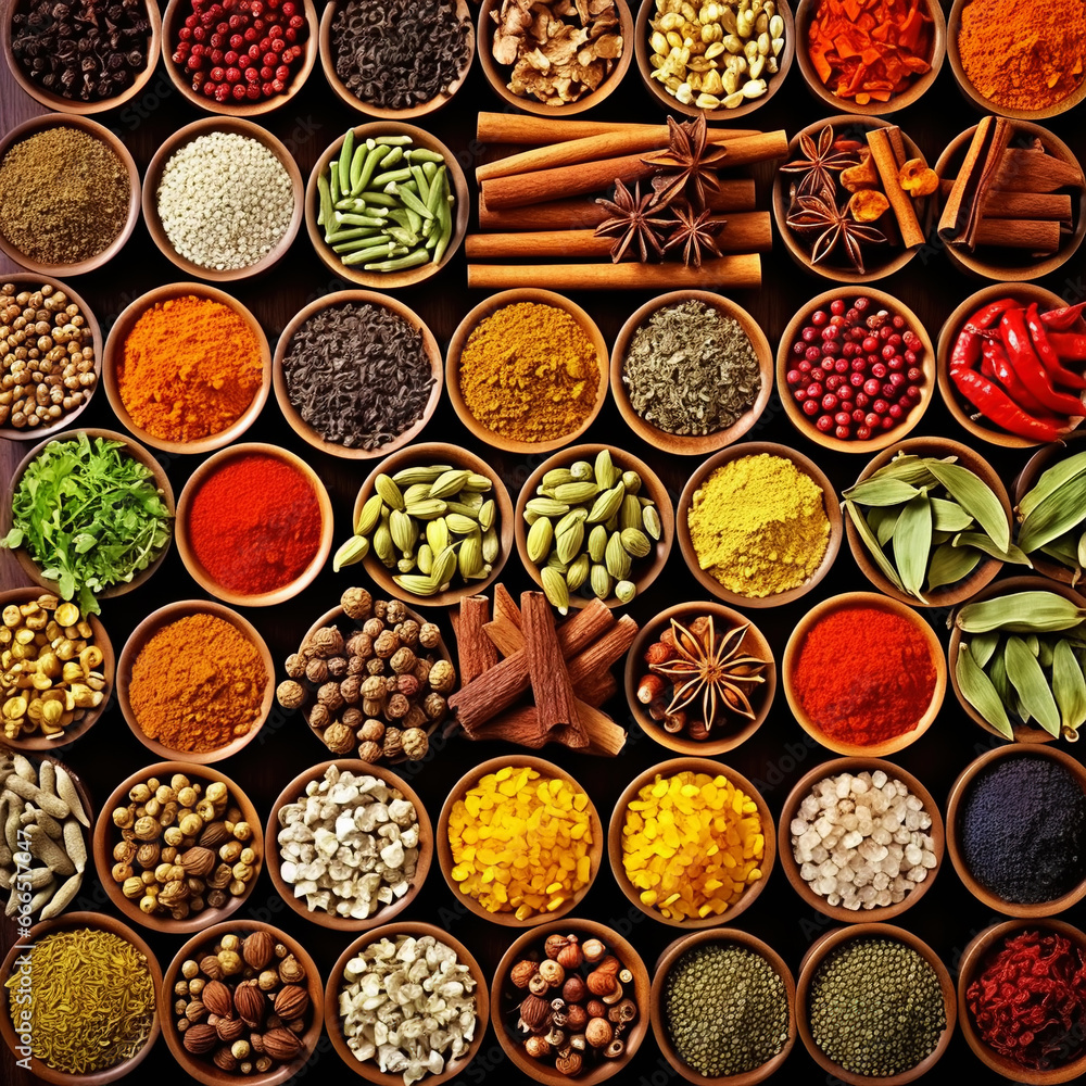 Collection of different aromatic spices and seeds in a wooden cells on black background, view from above. Generative AI Collection of different aromatic spices and seeds in a wooden cells on black background, view from above. Generative AI