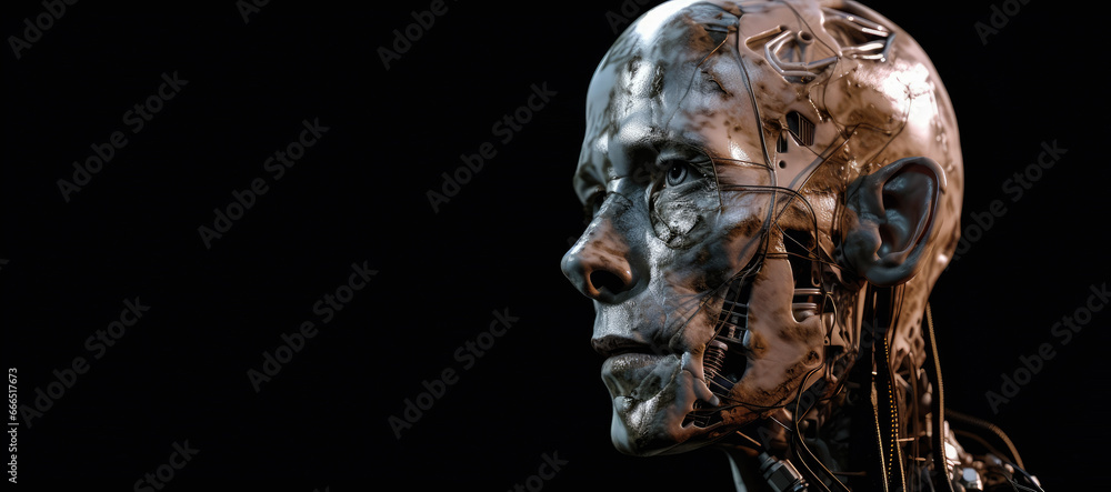 Robot head in profile or side close up. Panoramic image of the cyborg head on the right against the background of a black isolated banner. Artificial intelligence technology in virtual reality. AI.