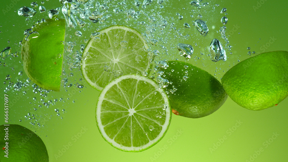 Freeze motion of falling fresh limes into water Freeze motion of falling fresh limes into water