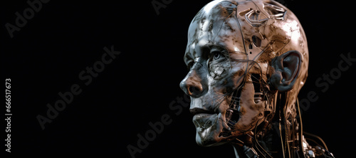 Robot head in profile or side close up. Panoramic image of the cyborg head on the right against the background of a black isolated banner. Artificial intelligence technology in virtual reality. AI.