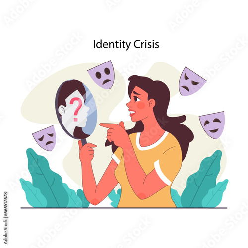 Peer pressure concept. Confused woman looking in mirror at unknown