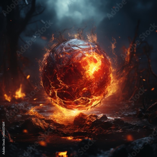 Glossy flaming black ball shining fire, fantasy theme of discovered dark energy, Great for films, animation, fantasy, fiction, blogs, wallpapers etc. Generative Ai Image