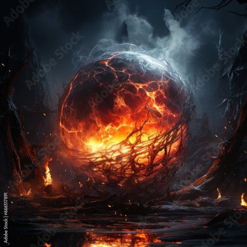 Glossy flaming black ball shining fire, fantasy theme of discovered dark energy, Great for films, animation, fantasy, fiction, blogs, wallpapers etc. Generative Ai Image