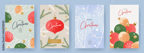 Merry Christmas and Happy New Year greeting card Set. Modern Xmas art doodle design with typography  beautiful Christmas tree and balls  snowflakes pattern. Minimal banner  poster  cover templates