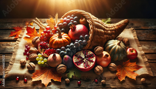 a thanksgiving autumn cornucopia still life with pumpkins, corn, fruit and flowers
