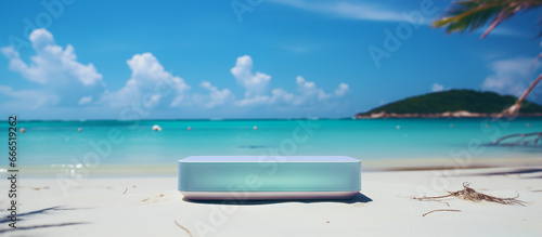 Wi-fi router on the sea beach by the hotel. Oceanfront wifi internet. White and teal hotspot on the resort's sandy beach. Luxury hotel with internet on the beach. A wi-fi point on an island vacation.