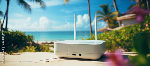 Wi-fi router on the sea beach by the hotel. Oceanfront wifi internet. White and teal hotspot on the resort's sandy beach. Luxury hotel with internet on the beach. A wi-fi point on an island vacation.
