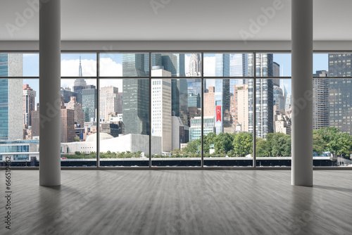 Midtown New York City Manhattan Skyline Buildings from High Rise Window. Beautiful Expensive Real Estate. Empty room Interior Skyscrapers View Cityscape. Day time. East side. 3d rendering. © VideoFlow