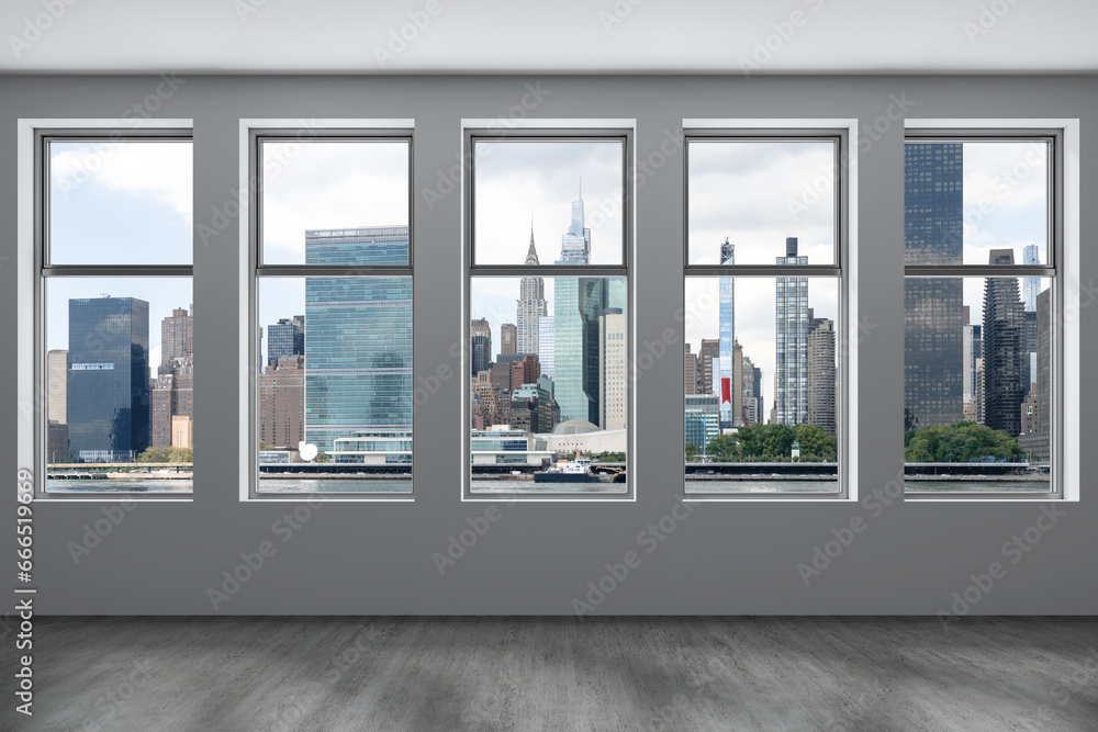 Fototapeta premium Midtown New York City Manhattan Skyline Buildings Window Background. Expensive Real Estate. Empty room Interior Skyscrapers View Cityscape. East Side United Nations Headquarters. 3d rendering