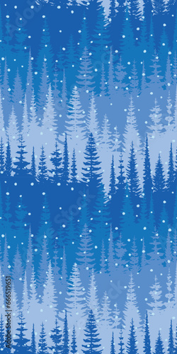 Winter seamless pattern. A dense forest, falling snow.