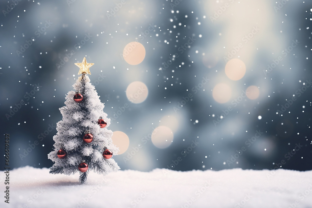A decorated Christmas tree in miniature on the snow