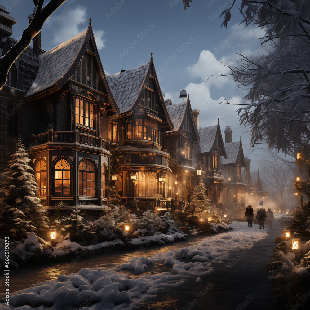 Illustration of a village during Christmas time in a peaceful snowing setting