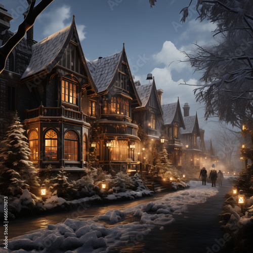 Illustration of a village during Christmas time in a peaceful snowing setting © Giulio Oldrati