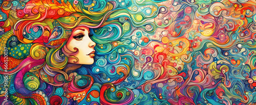 A psychedelic, whimsical illustration of a mermaid with sea life. 