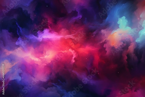 Colorful cosmic backdrop filled with vibrant purple, red, and blue space clouds. Generative AI photo