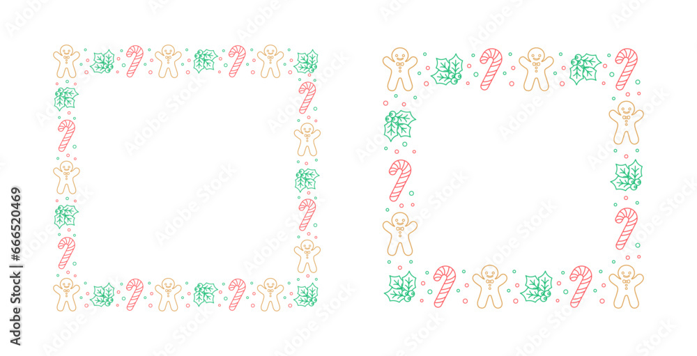 Square Christmas Frame Border. Gingerbread Cookies Set, Candy Cane and Mistletoe Pattern Winter Holiday Graphics. Social media post template on white background. Vector illustration. Square Christmas Frame Border. Gingerbread Cookies Set, Candy Cane and Mistletoe Pattern Winter Holiday Graphics. Social media post template on white background. Vector illustration.