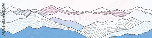 Mountain landscape stylization, line arts wallpaper, seamless border, banner, imitation of mountain ranges