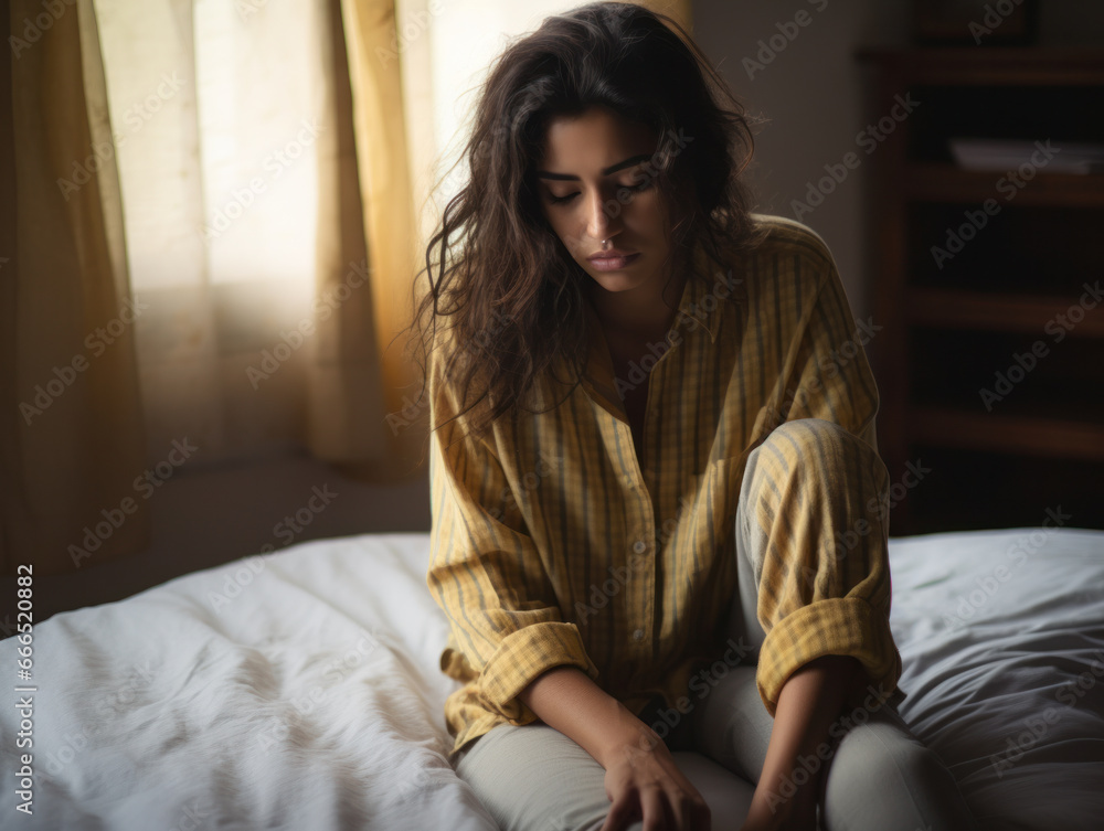 Fototapeta premium A young woman sat sadly in her pajamas on her bed