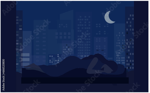 Insomnia woman sitting on bed at night vector illustration. Sleepless woman suffering from insomnia and depression concept
