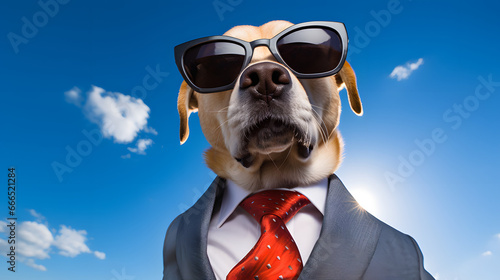 A smart dog wearing a suit and sunglasses on a sky background © NexGenVisions