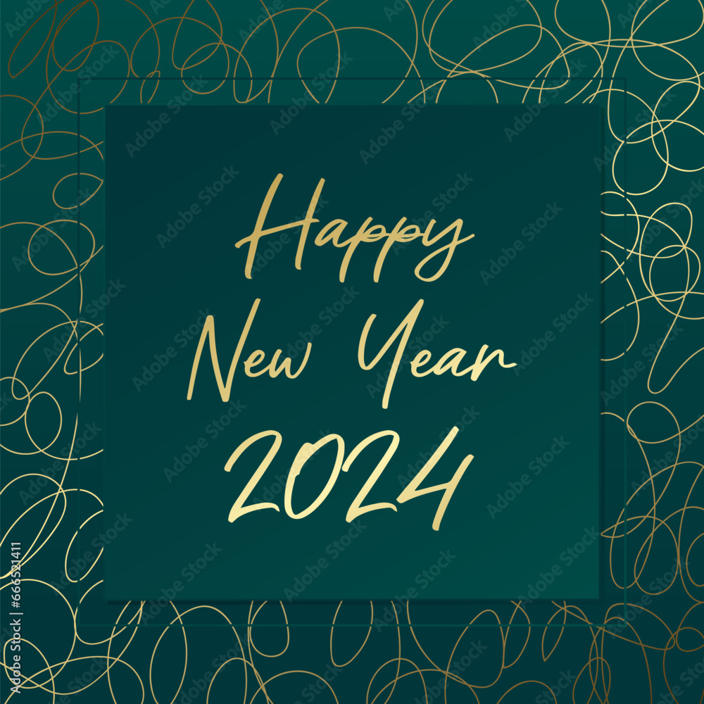 2024 Happy New Year vector greeting card. Golden hand drawn lines. Green and gold gradient banner for celebration, congratulation, web, design, decoration, winter holiday, frame