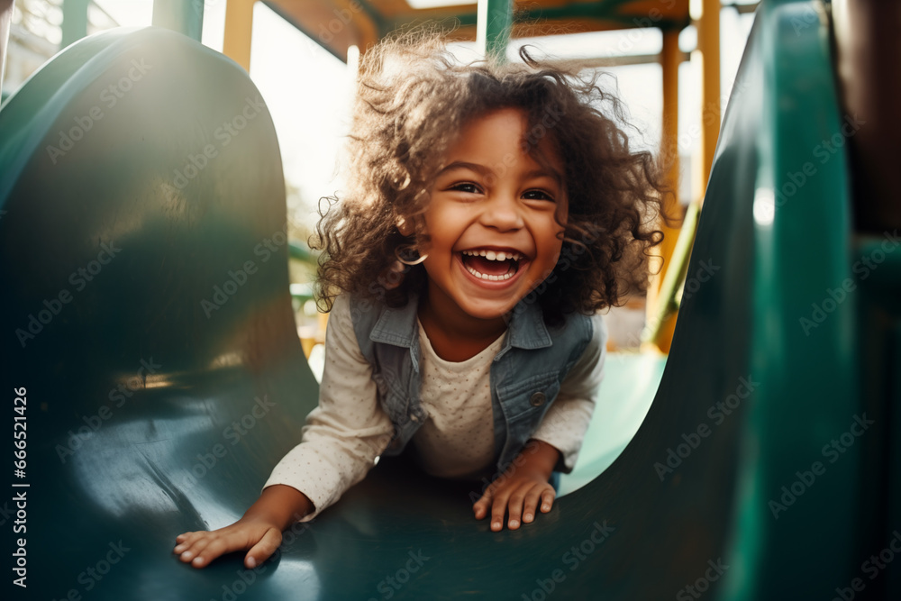 Obraz premium Kind rutscht auf dem Spielplatz