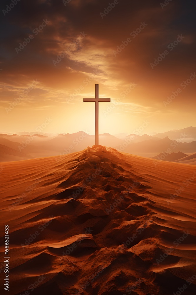 Cross on the top of the mountain with sunset background