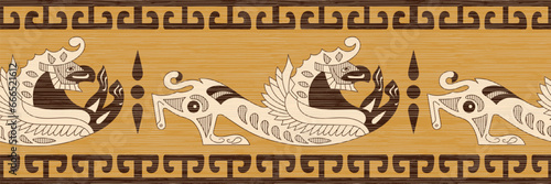 Seamless border, stylized drawing, ancient Scythian art, ethnic theme, vector design	