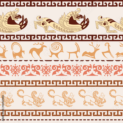 Seamless pattern, ancient Scythian art and petroglyphs, ethnic theme, vector design	