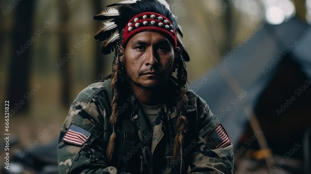 An American soldier with ptsd sits sad - obrazy, fototapety, plakaty 