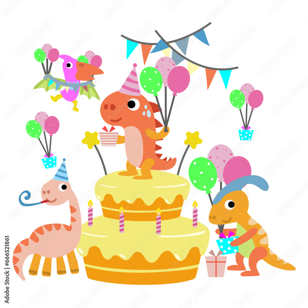 Fototapeta premium Happy Birthday Dinosaur party cake. happy dino clipart