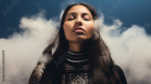 A young woman ponders beneath a cotton cloud 