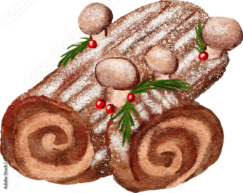 Hand drawn watercolor illustration of yule log chocolate cake with mushrooms winter holly berries. Christmas dessert baking bakery food, party celebration menu roll decilious recipe, pastry