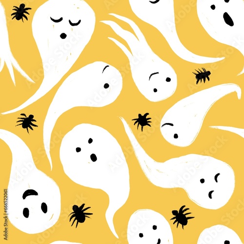 Hand drawn seamless pattern with Halloween ghosts and black spiders on yellow background. Cute funny fall autumn print  scary creery horror spooky illsutration monster party decor.